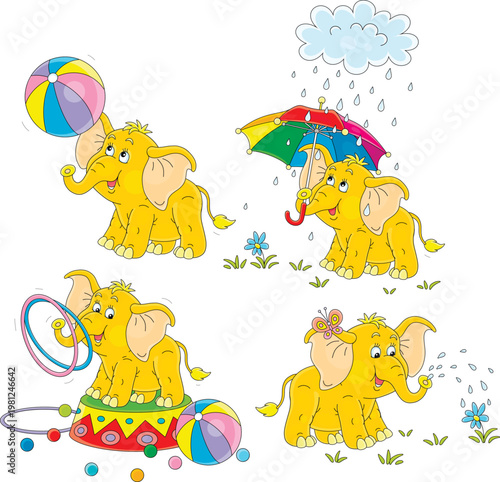 Cute baby elephant playing a ball, juggling hoops, hiding from the rain under an umbrella, watering a small flower, a set of vector cartoon illustrations on white