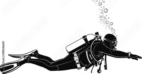 A black and white illustration depicts a scuba diver swimming underwater exhaling bubbles upward high quality professional detailed modern elegant stylish