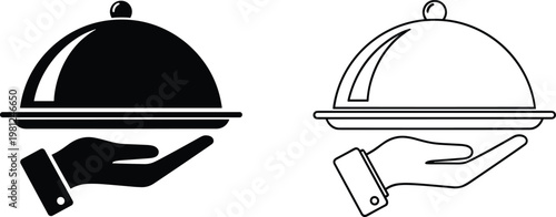 A black and white illustration depicts a hand presenting a covered serving dish shown in two variations high quality professional detailed