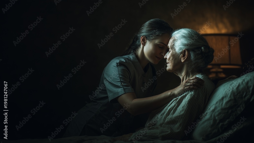 Fototapeta premium Nursing care for the elderly and sustainable self care daily routine scene with caregiver helping with meal or medication soft natural lighting