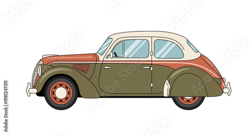 Vintage car with red accents.