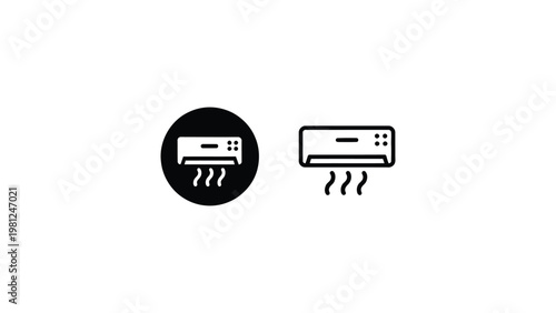 Black and white vector icons of air conditioner unit with warm airflow lines representing heating and cooling system concept