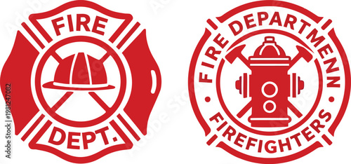 Fire Department Logo Badge Set, Firefighter Emblem with Helmet and Hydrant Vector Design.