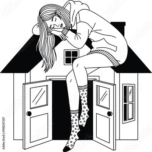 A black and white illustration of a young woman sitting on top of a house with an open door