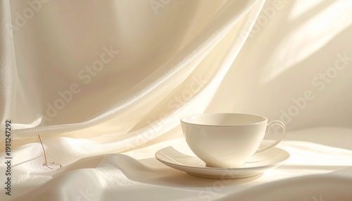 White Tea Cup on Fabric Background.