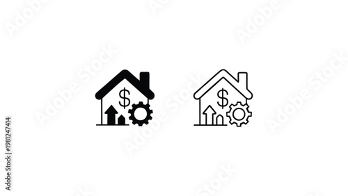 Black and white vector icons of house with dollar sign, upward arrow and gear symbol representing property investment and housing growth