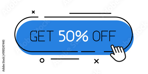 Promotional CTA button with the text "Get 50% Off". Perfect for online sales campaigns, e-commerce websites, mobile apps, marketing banners, and seasonal discount promotions.