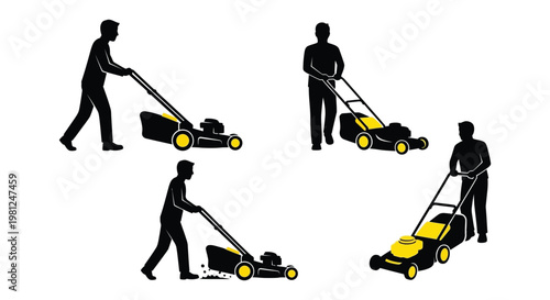 Men mowing lawns in various poses depicted as a stark silhouette