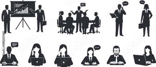 Illustrations of professionals in various work and communication scenarios