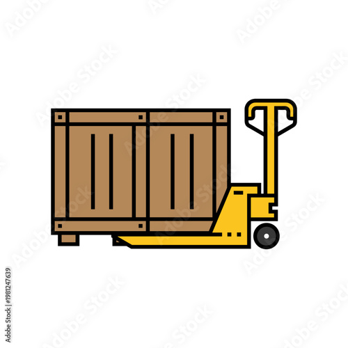 A yellow hand pallet jack lifting a large brown wooden crate, illustrating warehouse logistics or delivery.