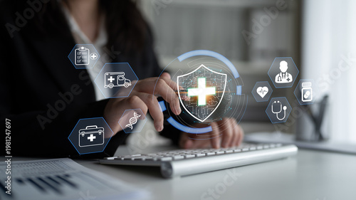 Canvas Print Businessperson Using Digital Health Icons on a Virtual Touchscreen for Medical Services and Healthcare Technology in Modern Office Setting Quark