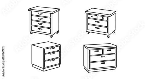 Four simple chest of drawers illustrations in a minimalist silhouette
