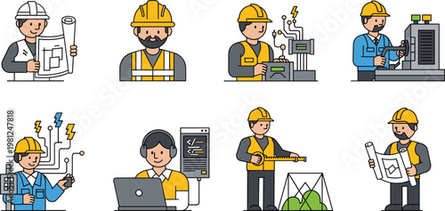 Construction and Engineering Icons Set with Blueprints, Electrical Work, Engineer, Technician, Heavy Machinery, and Construction Planning for Industrial Projects