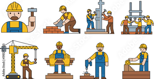 Construction Worker and Building Icons Set with Hammer, Crane, Bricklaying, and Worker Tools for Construction, Industry, and Infrastructure Projects