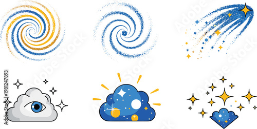 Cosmic and Starry Icons Set with Galaxy, Comet, Clouds, Sparkles, and Celestial Symbols for Space, Astronomy, and Mystical Illustrations