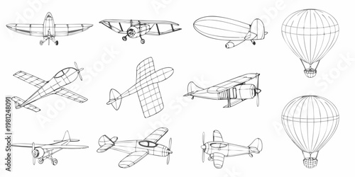 Collection of vintage aircraft and airships in wireframe outline style