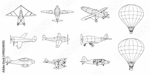 Various aerial vehicles illustrated in a minimalist line art style
