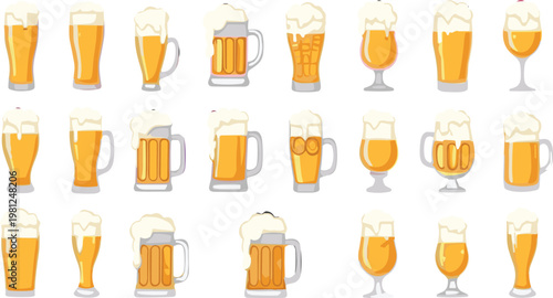 Beer Glass Collection Set with Different Mug Shapes Foamy Lager Drinks and Brewery Beverage Icons Flat Vector Illustration Isolated on White Background