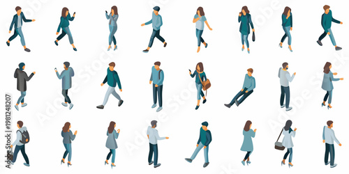 Isometric illustration of diverse people walking in various casual outfits