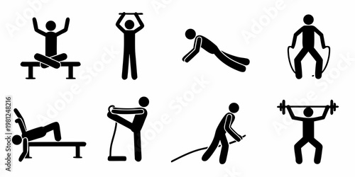 Stick figure illustrations depicting various fitness exercises and physical activity