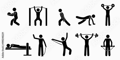 Stick figures demonstrating various exercise routines and physical fitness activities