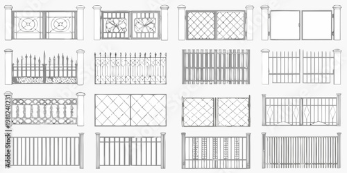 Collection of ornate wrought iron gate designs in a grid layout
