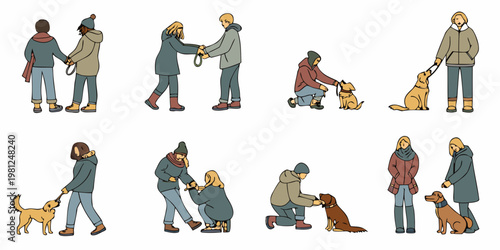 Diverse group of people walking and interacting with their canine companions