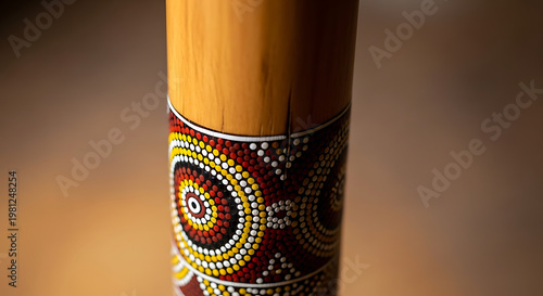 Close-up of a traditional Aboriginal didgeridoo with dot painting detail