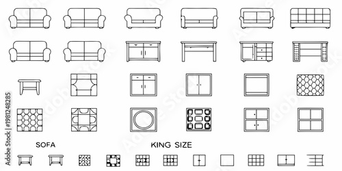 Furniture arrangement and icons sofas cabinets tables and beds
