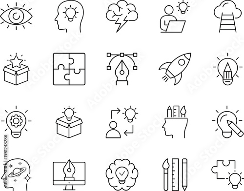 Creative ideas and innovation line icon set, lightbulb, brain, rocket, puzzle, pen tool, eye