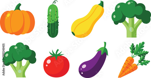 Fresh Vegetables Icons Set with Pumpkin, Cucumber, Squash, Tomato, Eggplant, Broccoli, and Carrot for Healthy Eating, Cooking, and Farm Fresh Illustrations