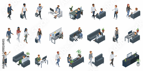 Isometric illustration depicting diverse people in various office scenarios