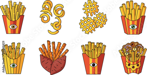 Fries and Snack Icons Set with French Fries, Waffle Fries, Curly Fries, and Seasoned Snacks for Fast Food, Restaurant, and Snack Illustrations