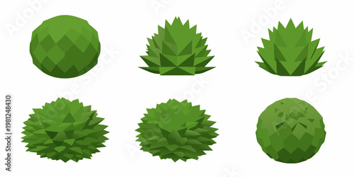 Stylized green polygonal bushes and shrubs in various shapes and sizes