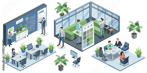 Isometric illustration of a modern office space with employees collaborating