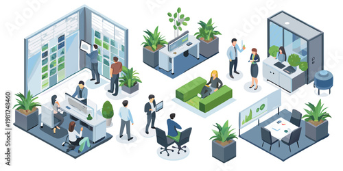 Isometric illustration depicting a busy modern office environment with people