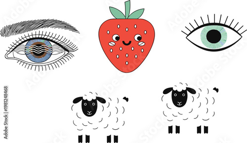 Cute and Abstract Illustration Set with Strawberry Character Eyes and Sheep Cartoon Elements Mixed Style Vector Collection Isolated on White Background
