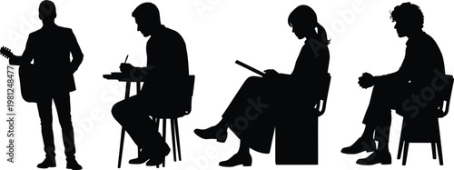 Four silhouettes engaged in different creative and reflective activities