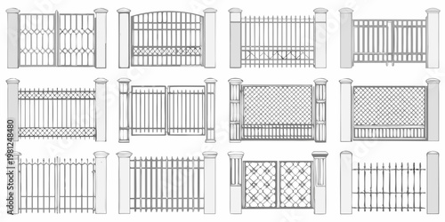 Collection of ornate wrought iron gate designs in a linear arrangement
