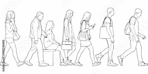 Line art illustration of diverse people walking and interacting in public