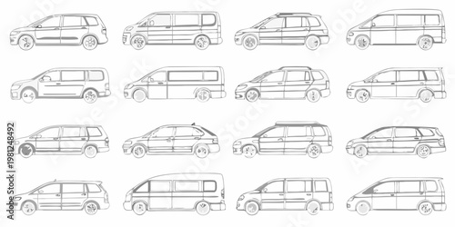Collection of various suv and minivan vehicle line drawings