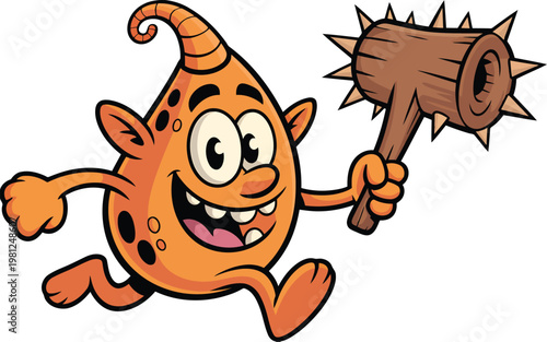 Cartoon orange monster gleefully running with a spiked club