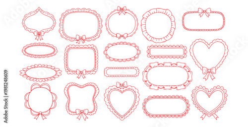 Set of hand drawn red ornamental frames and borders with bows and ribbons for vintage invitation cards greeting cards scrapbook design elements collection isolated on white background for design