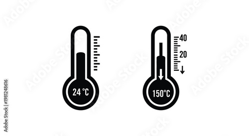 Two black thermometers displaying celsius and fahrenheit a graphic silhouette