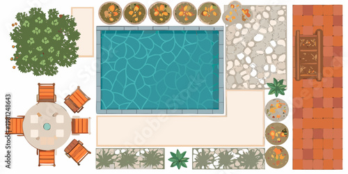 Aerial view of a backyard with a blue swimming pool and patio