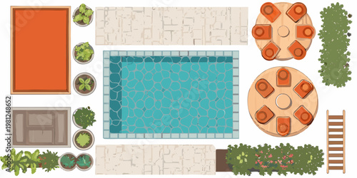 Aerial view of a backyard landscape with a pool and dining areas