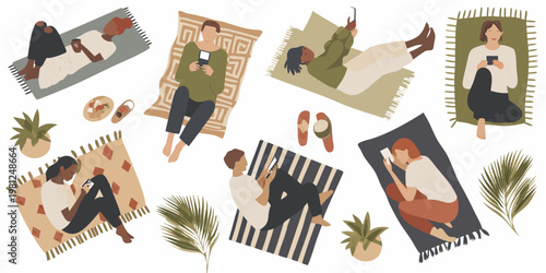 People relaxing on colorful rugs using phones and reading outdoors