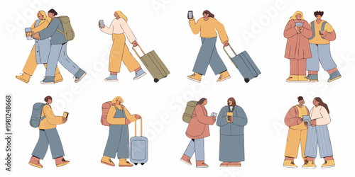 Diverse group of people traveling with luggage and using smartphones