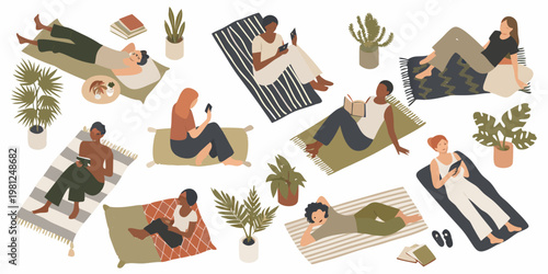 Diverse people relaxing outdoors on rugs and enjoying leisure activities