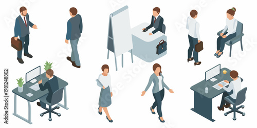 Isometric illustration depicting diverse professionals collaborating in a modern office setting